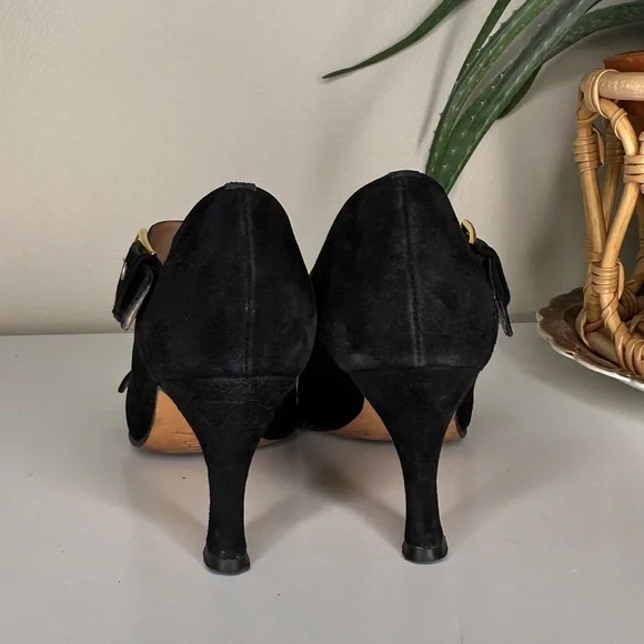 Anyi Lu Black Suede Heels 37 | Mary Jane Pumps with Gold Buckles | Made in Italy - Picture 6 of 13